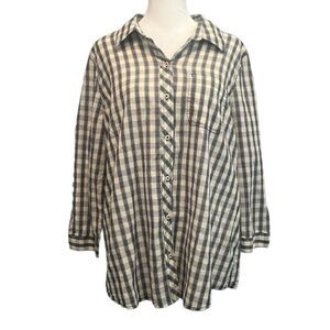 Lucky Brand Womens Shirt Size L Plaid Blue Tan Button Front Lightweight​